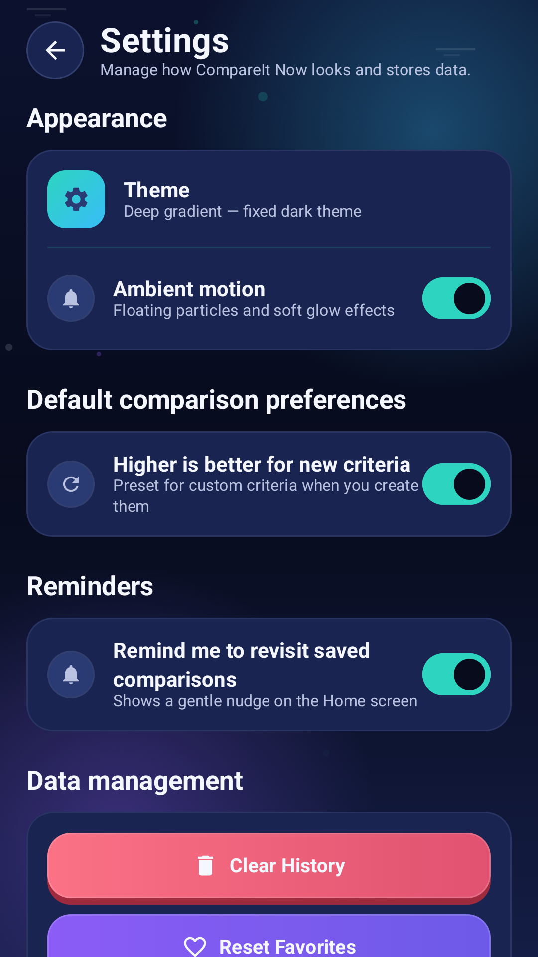 CompareIt Now settings screen